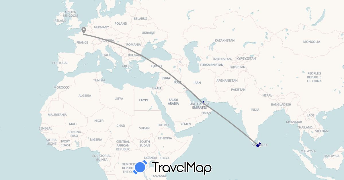 TravelMap itinerary: driving, bus, plane, train in United Arab Emirates, France, Sri Lanka (Asia, Europe)